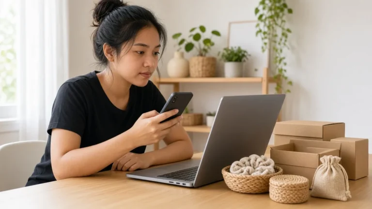 Seller online membandingkan alternatif Linktree gratis dengan laptop dan ponsel di meja kerja