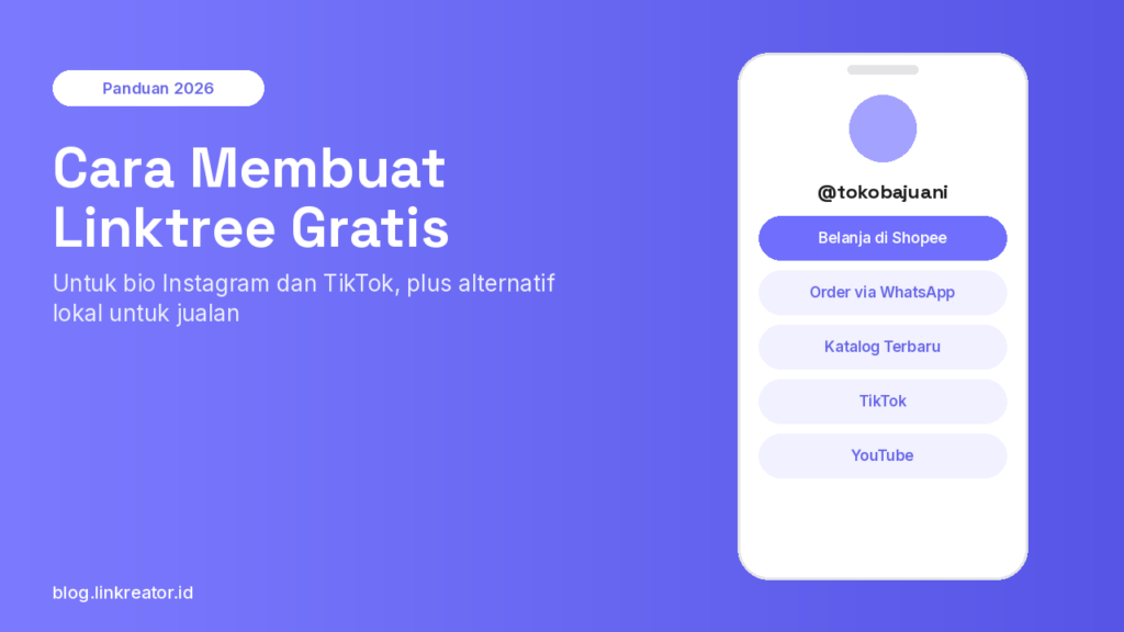 Ilustrasi halaman Linktree di HP berisi tombol Shopee, WhatsApp, katalog, TikTok, dan YouTube, panduan cara membuat Linktree gratis